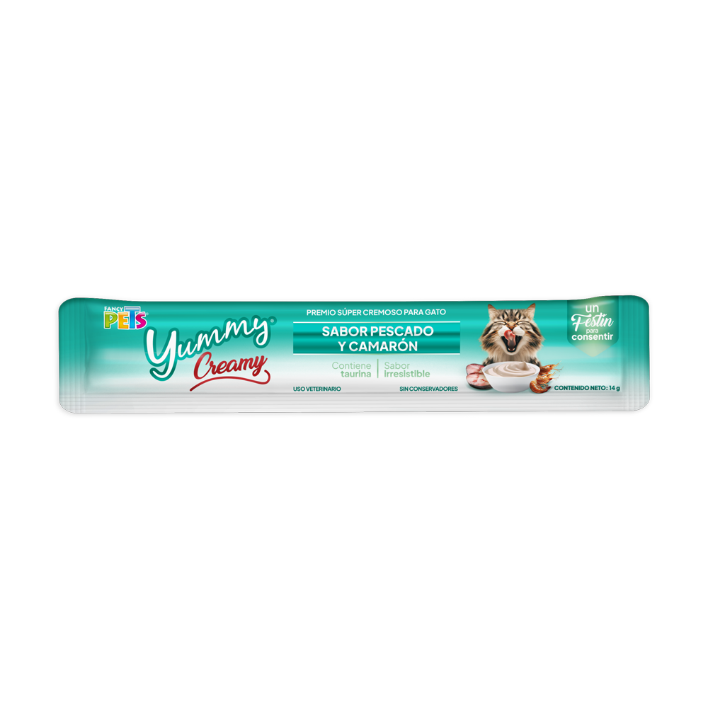 🦐🐱 Caja Display Yummy Creamy para Gato Sabor Pescado y Camarón (12 piezas)