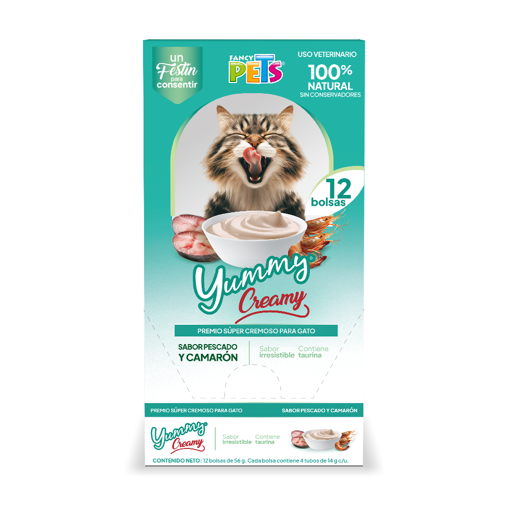 🦐🐱 Caja Display Yummy Creamy para Gato Sabor Pescado y Camarón (12 piezas)