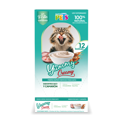 🦐🐱 Caja Display Yummy Creamy para Gato Sabor Pescado y Camarón (12 piezas)