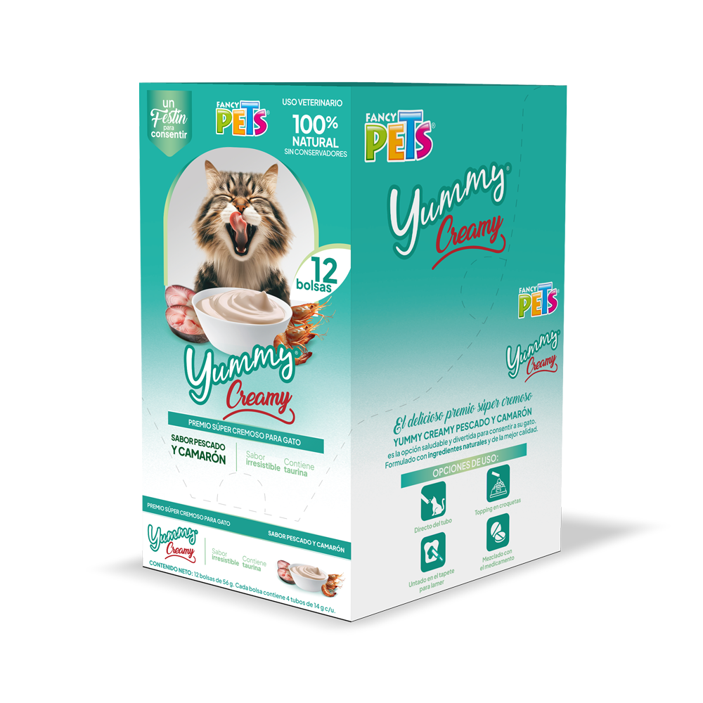 🦐🐱 Caja Display Yummy Creamy para Gato Sabor Pescado y Camarón (12 piezas)