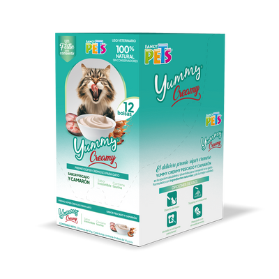 🦐🐱 Caja Display Yummy Creamy para Gato Sabor Pescado y Camarón (12 piezas)