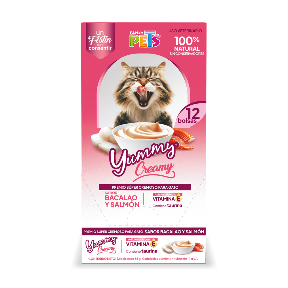 🐟🐱 Caja Display Yummy Creamy para Gato Sabor Bacalao y Salmón (12 piezas)