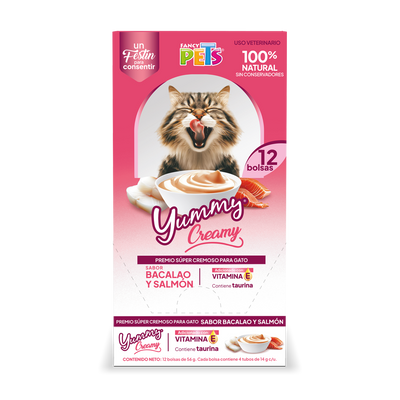 🐟🐱 Caja Display Yummy Creamy para Gato Sabor Bacalao y Salmón (12 piezas)