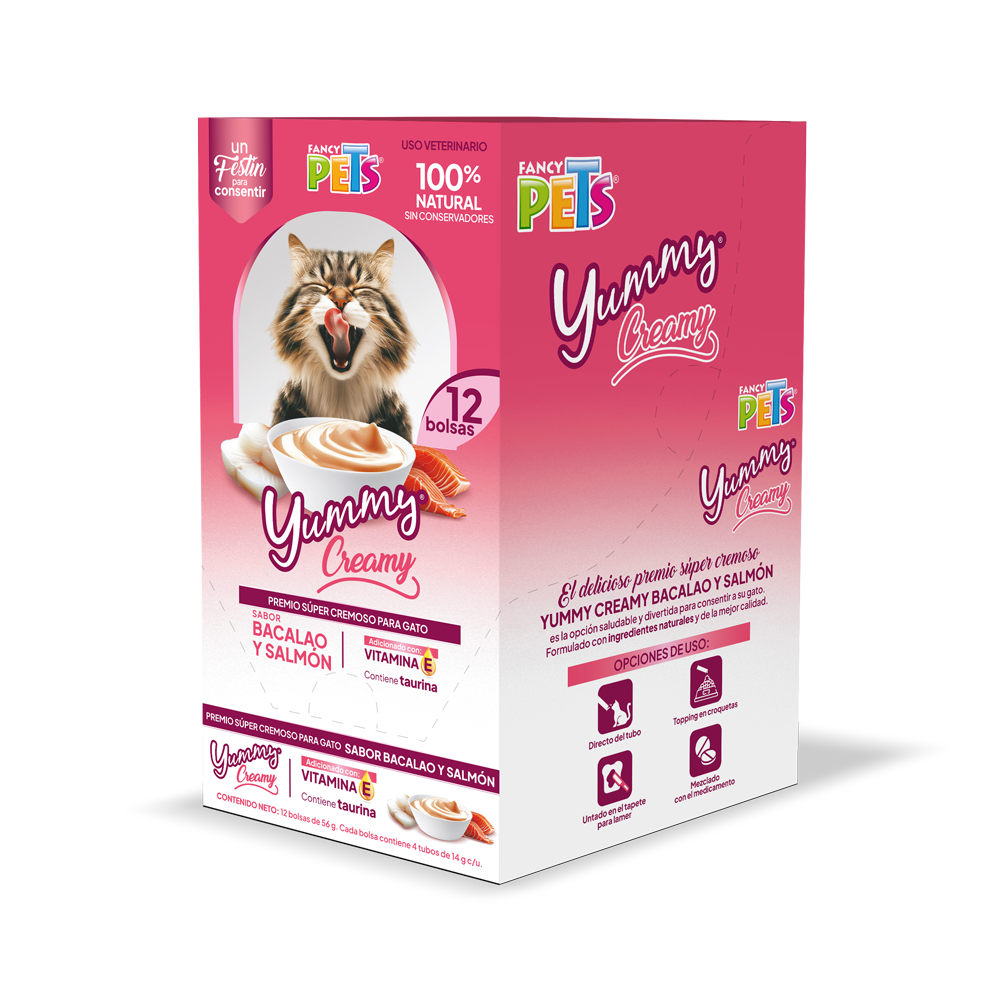 🐟🐱 Caja Display Yummy Creamy para Gato Sabor Bacalao y Salmón (12 piezas)