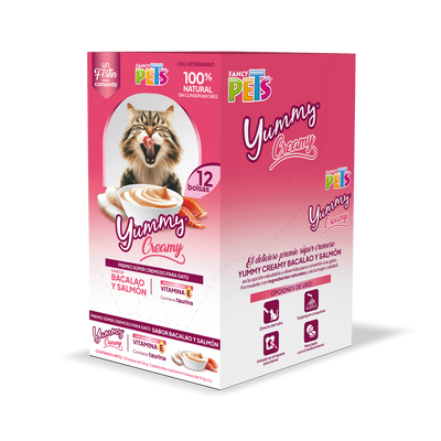 🐟🐱 Caja Display Yummy Creamy para Gato Sabor Bacalao y Salmón (12 piezas)