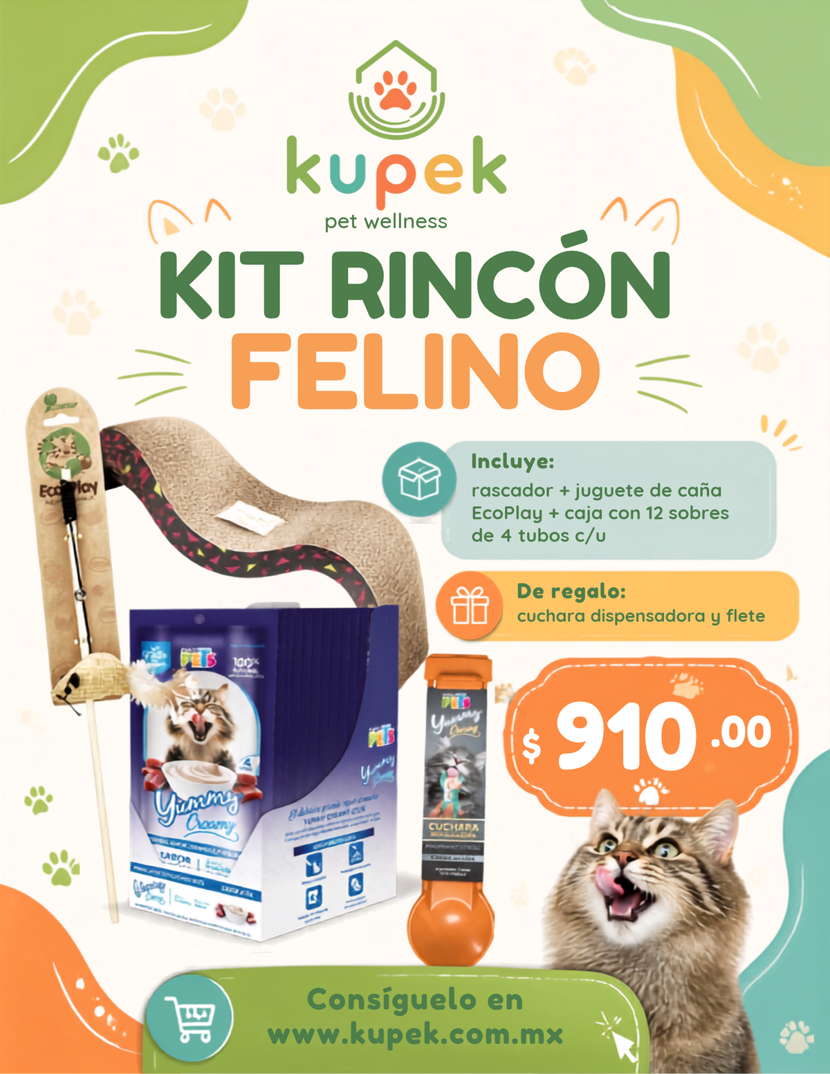 🐱📦 Kit Rincón Felino: Rascador de Onda + Juguete Caña Ecoplay + Caja Display Yummy Creamy Atún (12 pzas) + ¡Cuchara Dispensadora de REGALO! 🐾