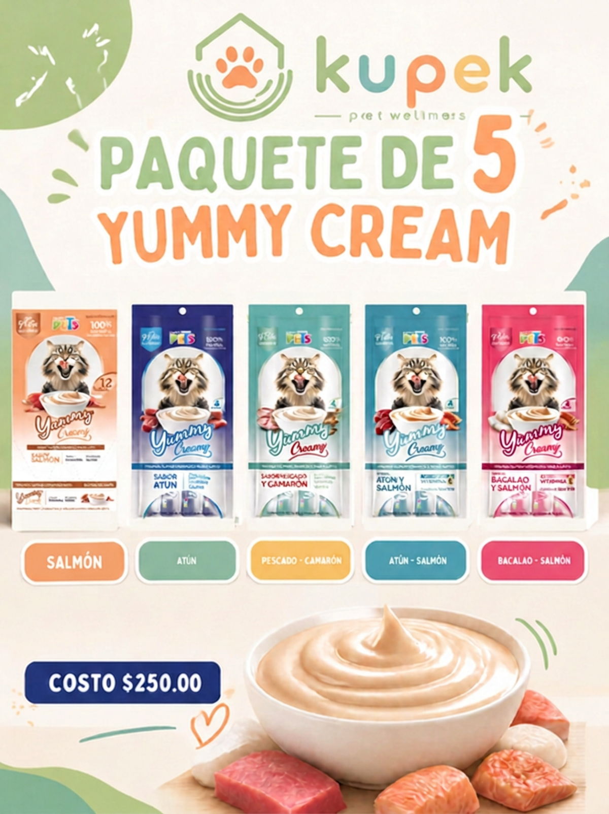 🐱Paquete de 5 sobres de Yummy Creamy Mix de Sabores para Gato (56 gr 4 tubos de 14 gr c/u)