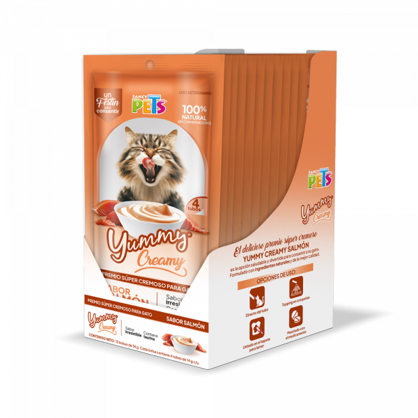 🐟 Premio Cremoso Yummy Creamy® para Gato 12 bolsas 56 gr y 4 tubos de 14 gr